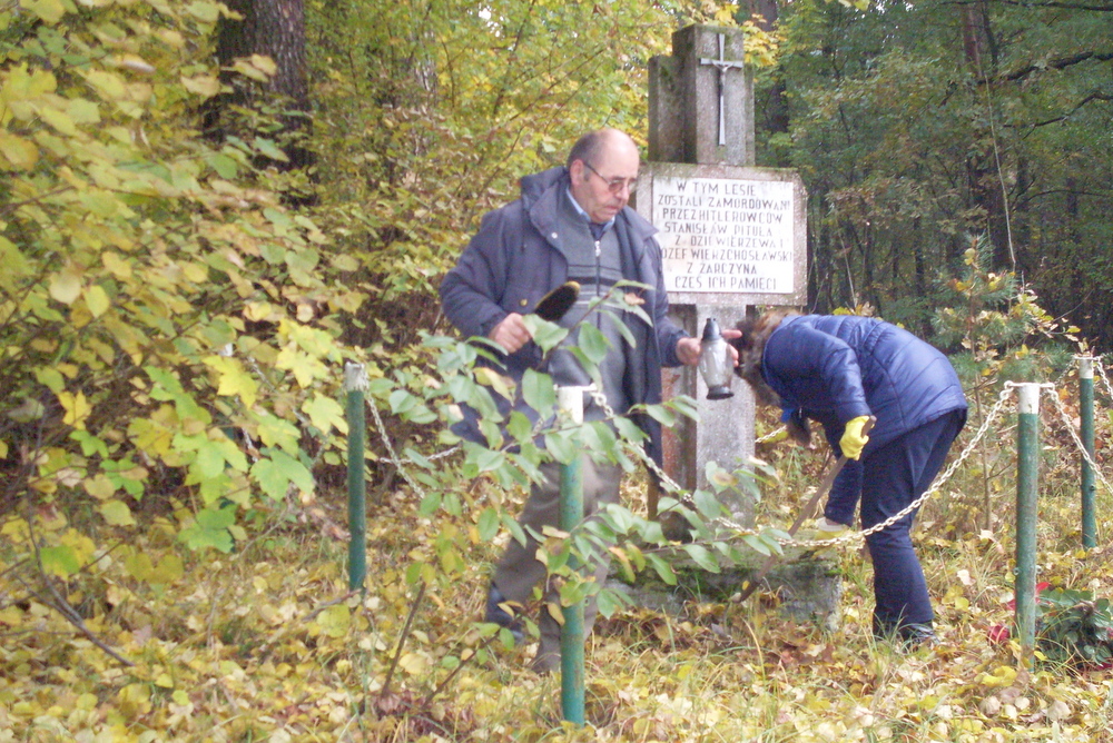 Krzyż oraz obelisk w lesie między wsiami Żarczyn - Srebrna Góra.
