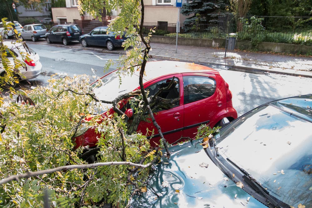 szkody po burzach orkan auto z wybitą szybą - Leon Bielewicz