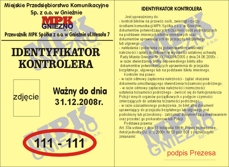 Identyfikator kontrolera Gniezno - MPK Gniezno