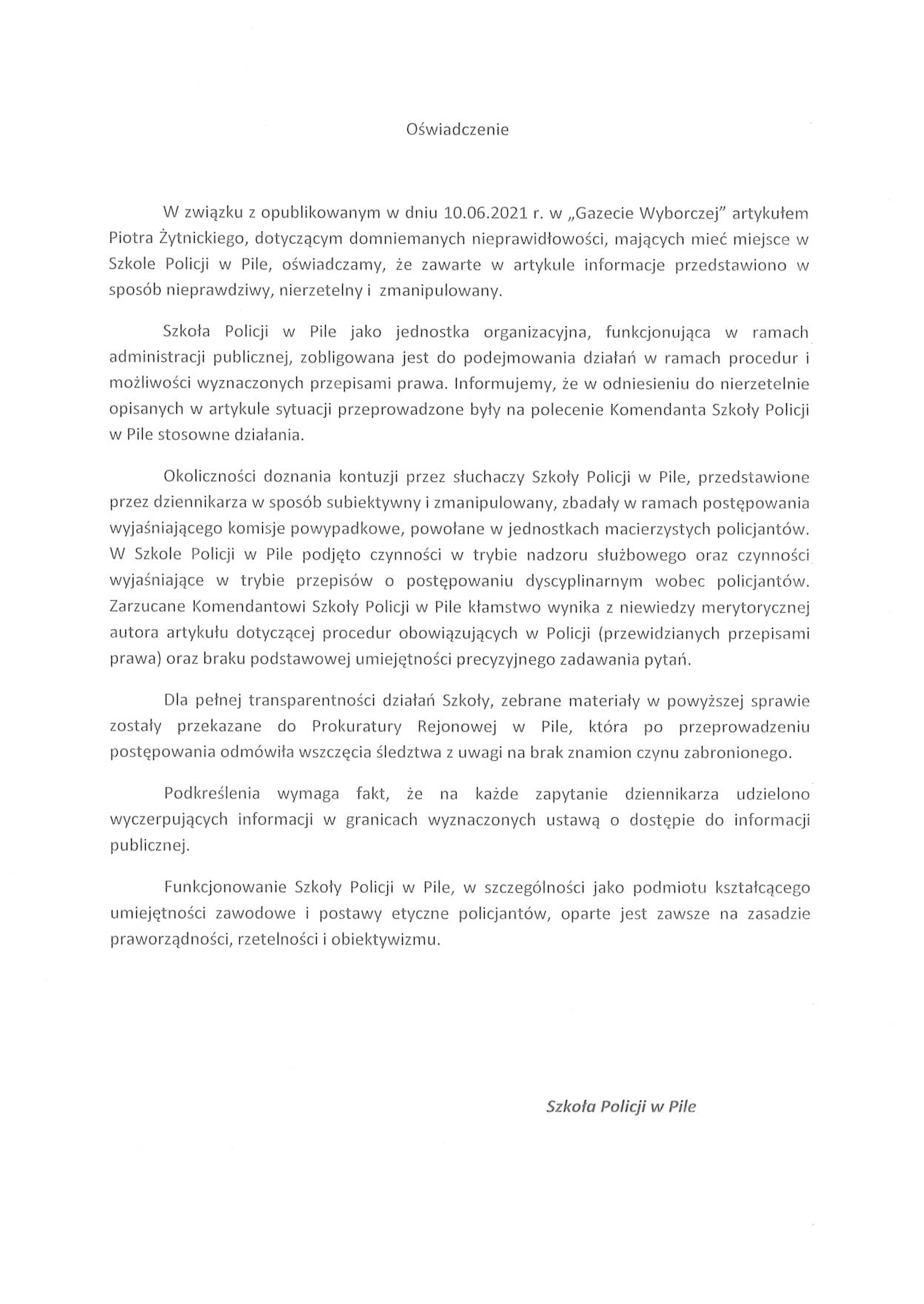 Oficjalne oświadczenie Szkoły Policji w Pile