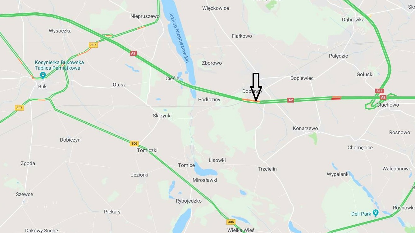 wypadek śmiertelny między Poznaniem, a Bukiem samochód jadący w kierunku Świecka  - Google Maps