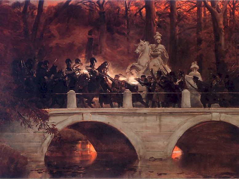  Starcie belwederczyków z kirasjerami rosyjskimi na moście w Łazienkach 29 listopada 1830 - Wojciech Kossak - Starcie belwederczyków z kirasjerami rosyjskimi na moście w Łazienkach 29 listopada 1830