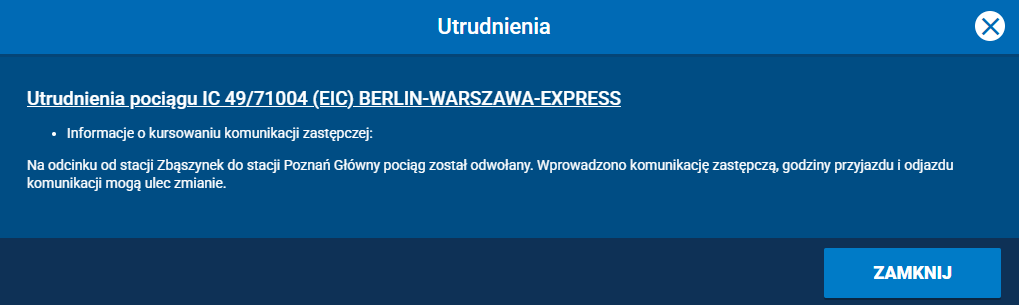Przykładowy komunikat dot. utrudnień